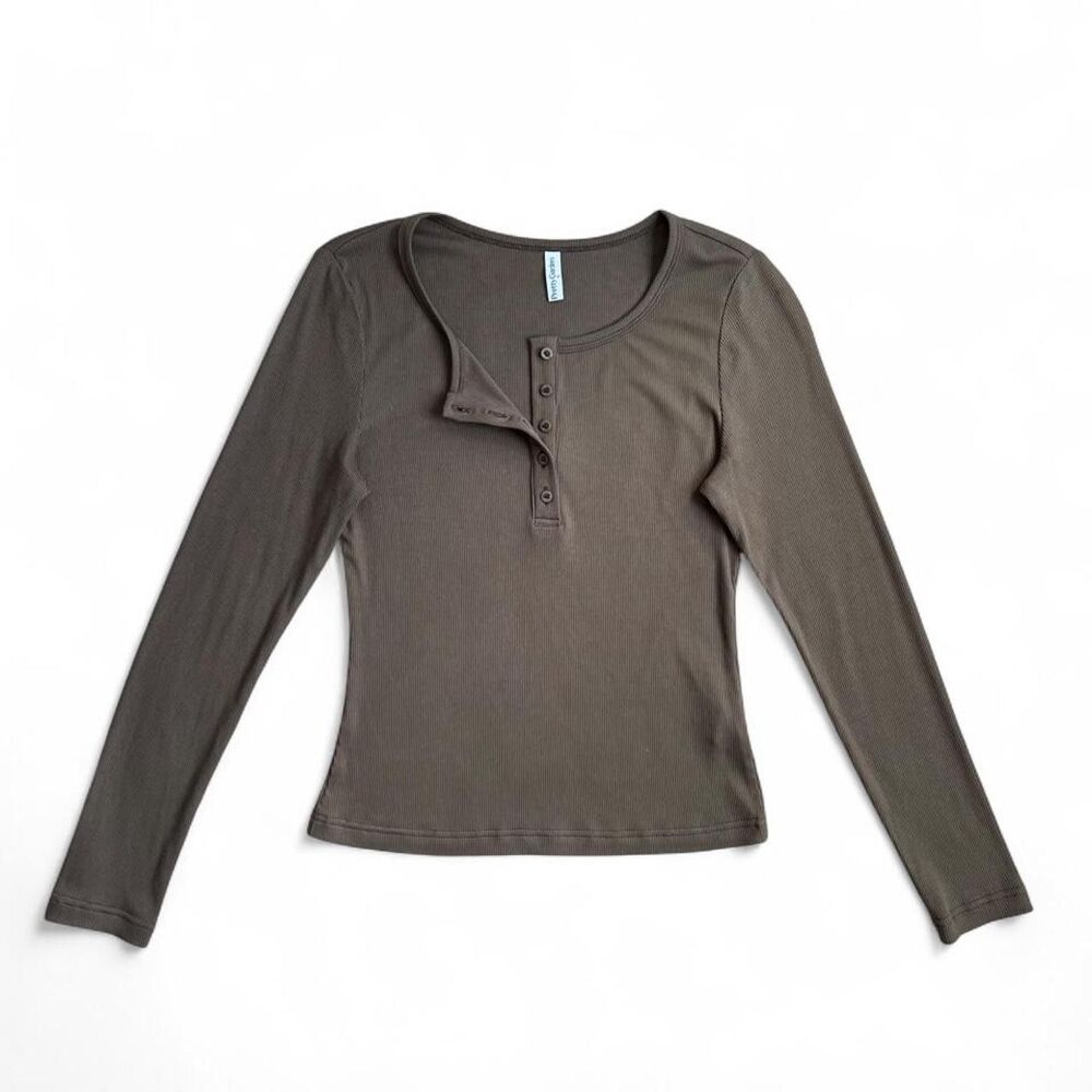 Olive Green Ribbed Long Sleeve Henley Top Women's Small